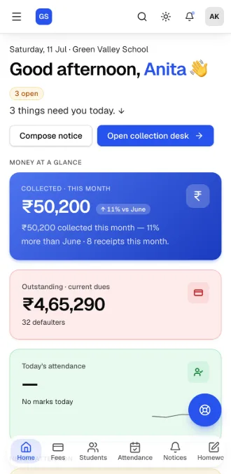 Acadovia mobile dashboard on an Android phone — fees collected, dues and today's attendance