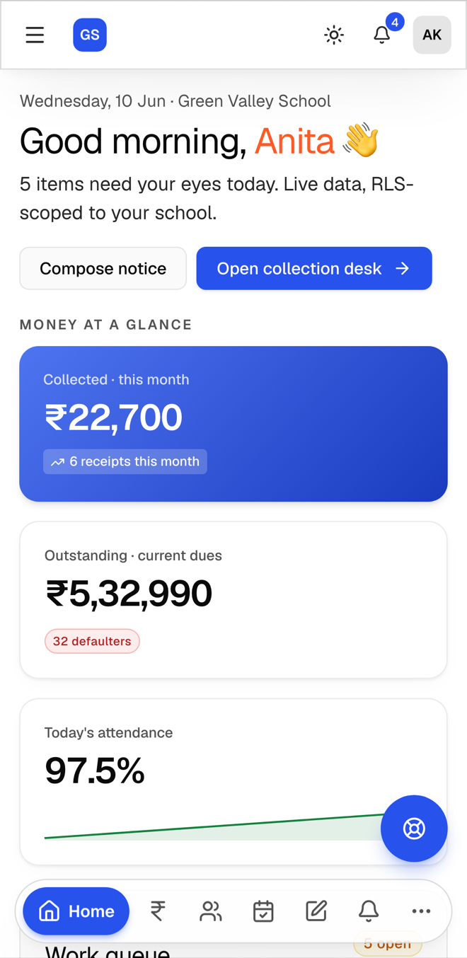 Acadovia mobile dashboard on a phone — good morning greeting, fees collected this month, outstanding dues and today's attendance