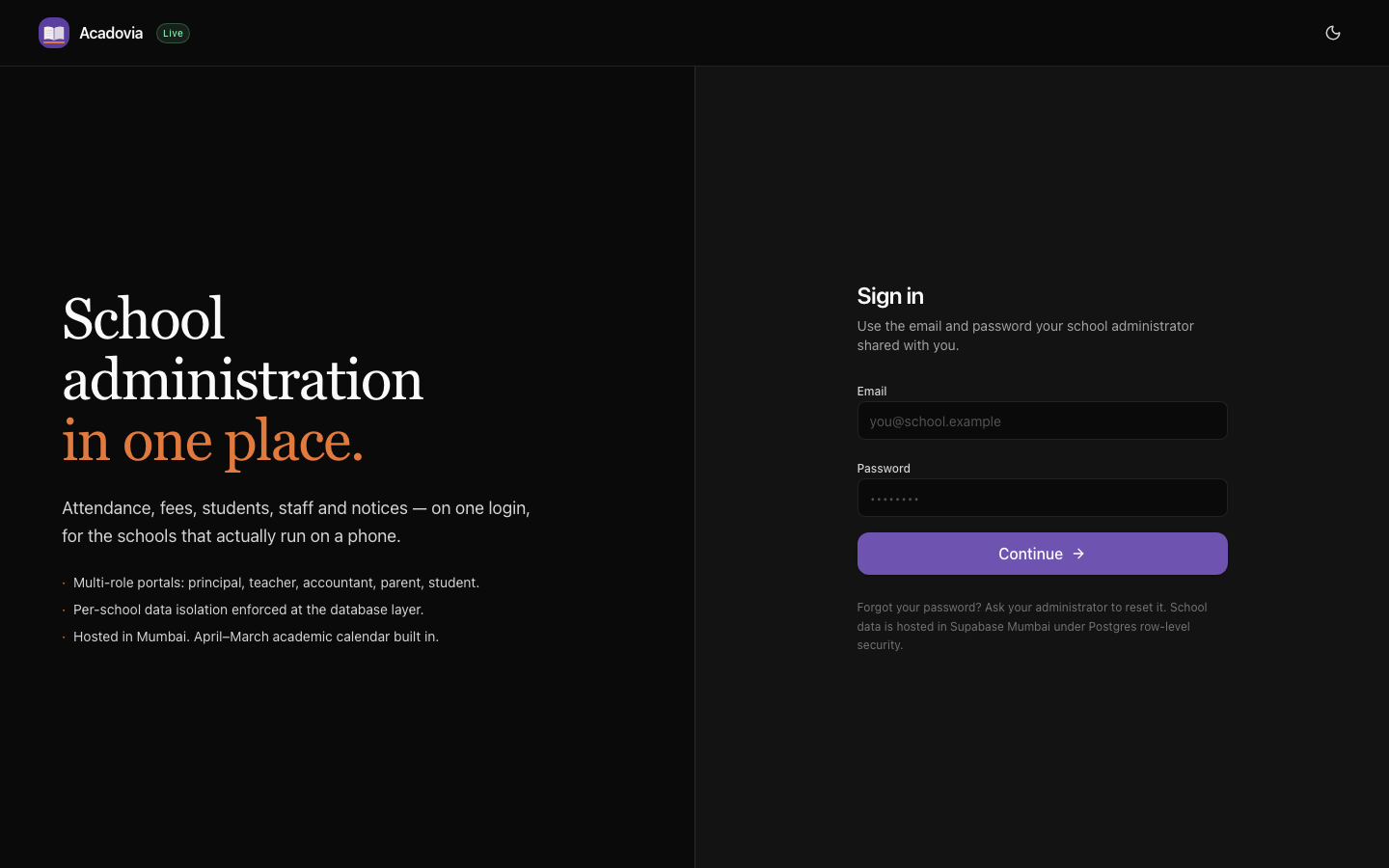 Acadovia sign-in screen at desktop width — open-book logo, 'School administration in one place' headline, email + password form