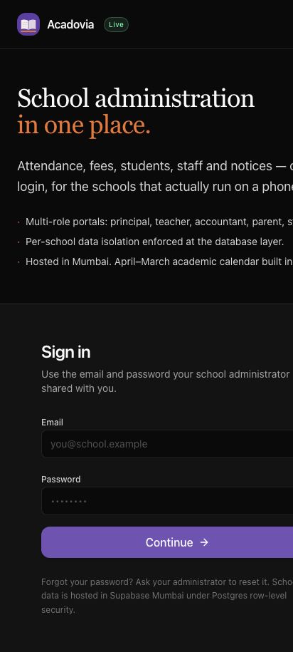 Acadovia sign-in on mobile — same surface, stacked for a 412-wide phone